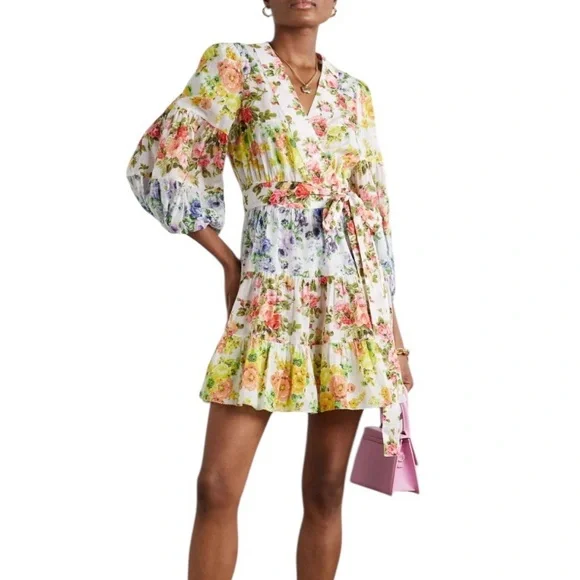 Zimmermann | Dresses | Zimmermann Floral Wrap Dress Tiered Mini 0 Cotton  Linen Size 1 Womens Small | Poshmark